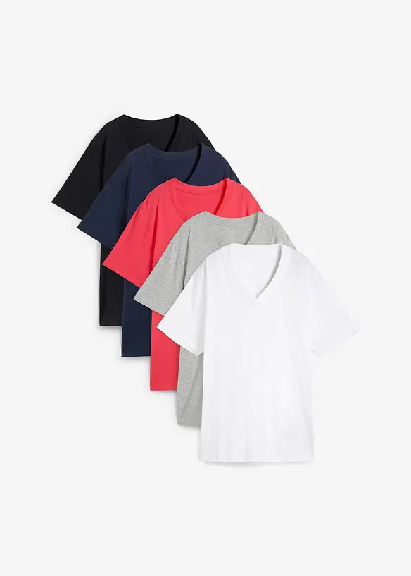 Lot de 5 T-shirts longs et amples &agrave; col V, bonprix