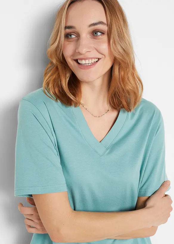Weites Long-Shirt mit V-Ausschnitt, Kurzarm (5er Pack), bonprix
