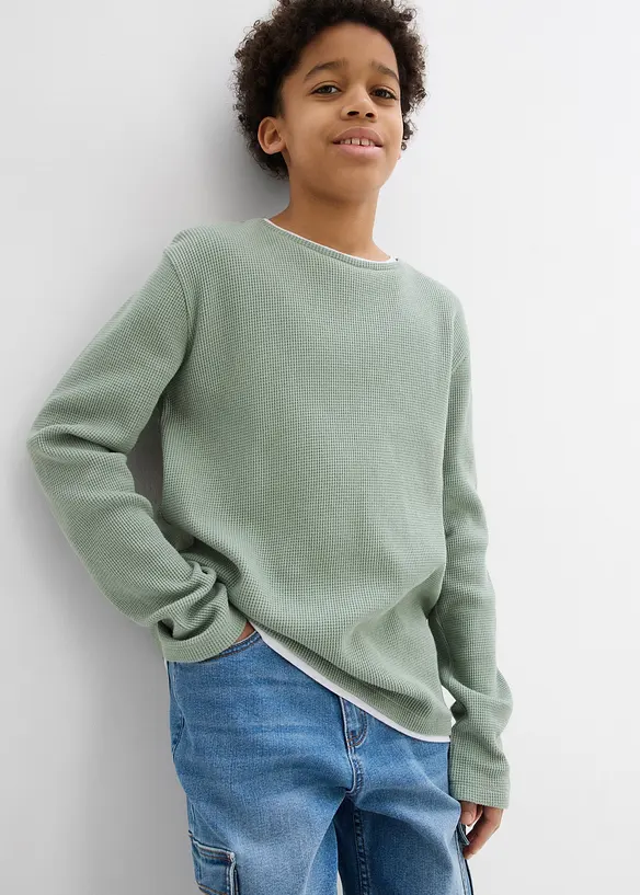 T-shirt manches longues 2 en 1 en coton aspect gaufr&eacute;, bonprix