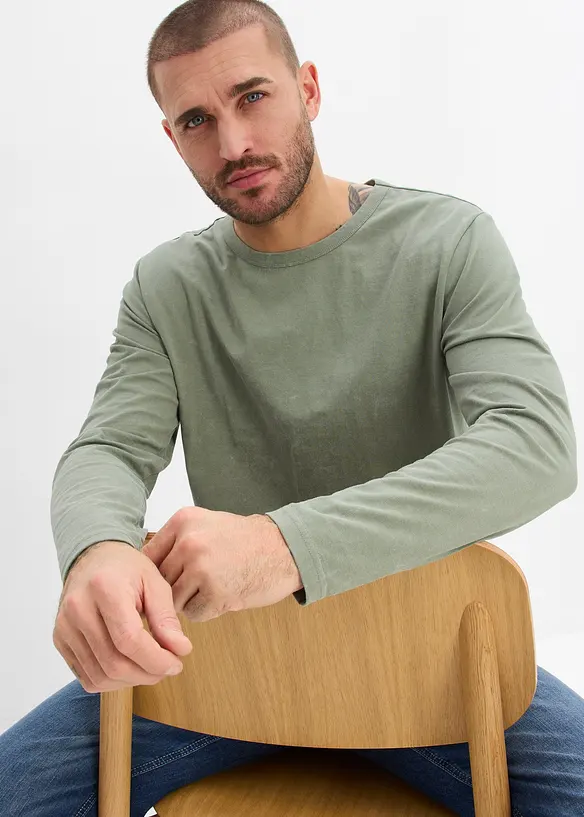 T-shirt manches longues 100% coton, aspect d&eacute;lav&eacute;, bonprix