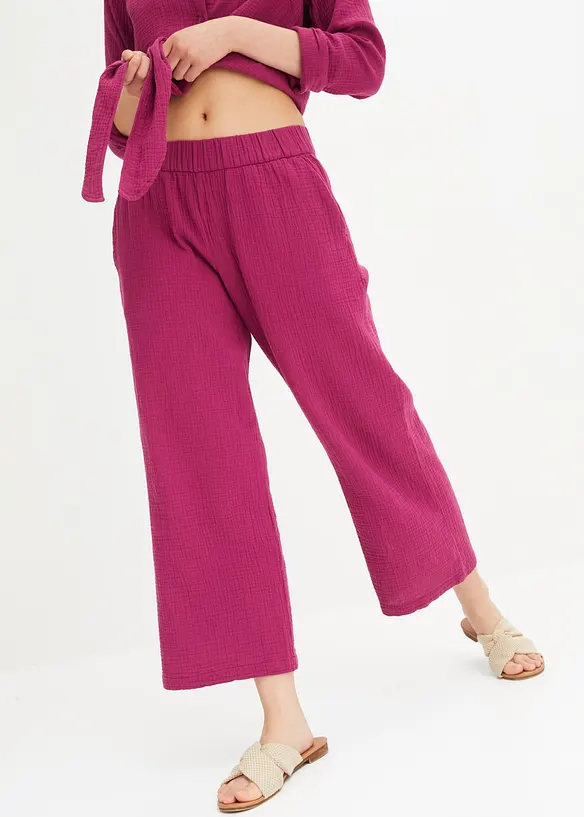 Pantalon large &agrave; pinces en gaze de coton, bonprix