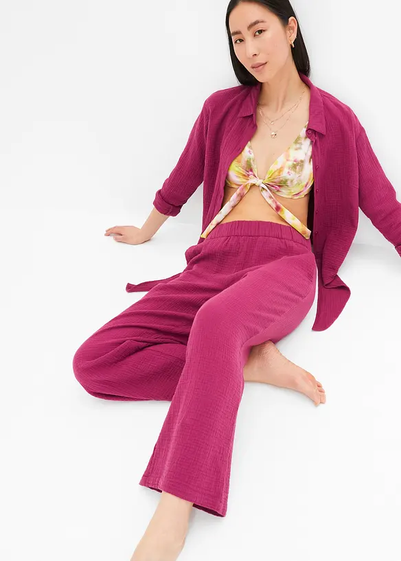 Pantalon large &agrave; pinces en gaze de coton, bonprix