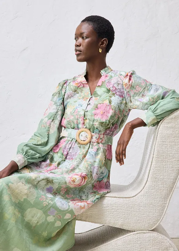 Midikleid aus Ramie (2 tlg.Set mit G&uuml;rtel), bonprix