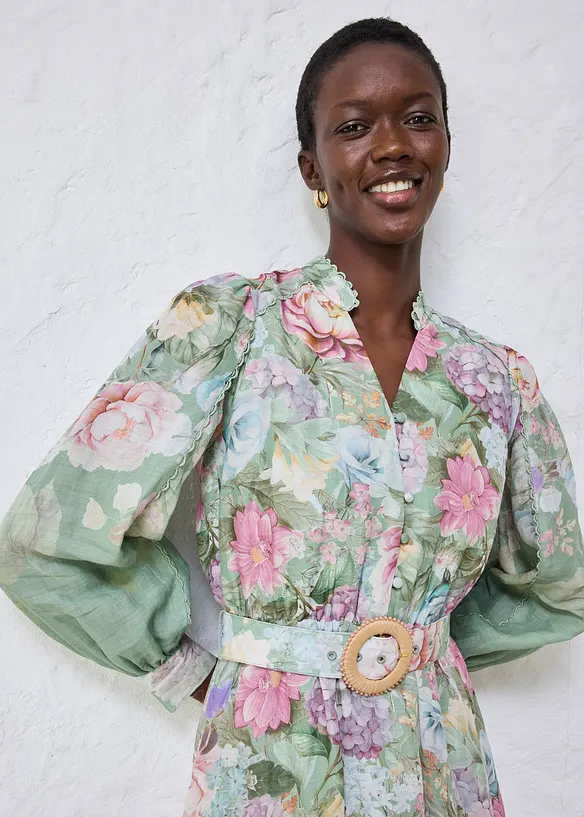 Midikleid aus Ramie (2 tlg.Set mit G&uuml;rtel), bonprix