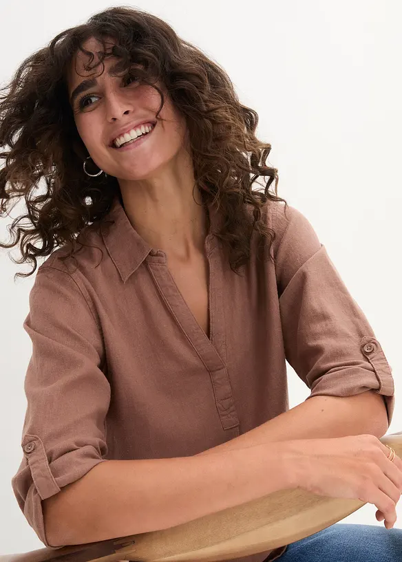 Blouse en lin m&eacute;lang&eacute;, manches 3/4, bonprix