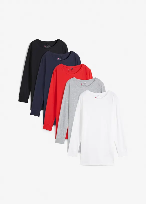 Lot de 5 T-shirts longs &agrave; col rond, manches longues, bonprix
