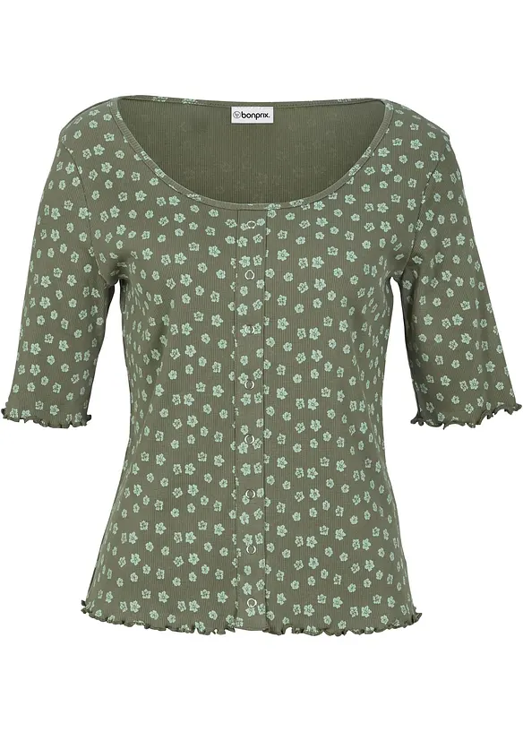 Ripp-Shirt mit Blumendruck, Halbarm, bonprix
