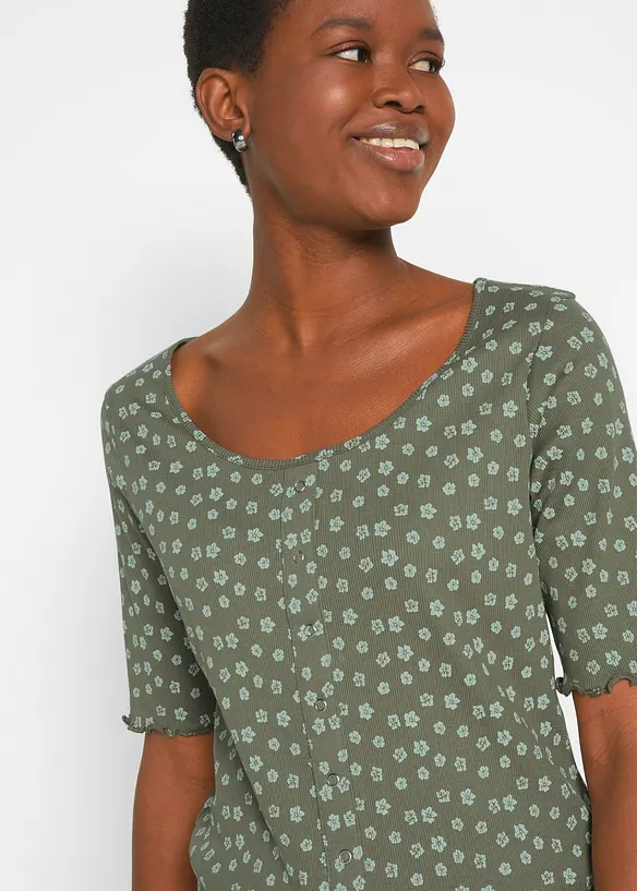 Ripp-Shirt mit Blumendruck, Halbarm, bonprix