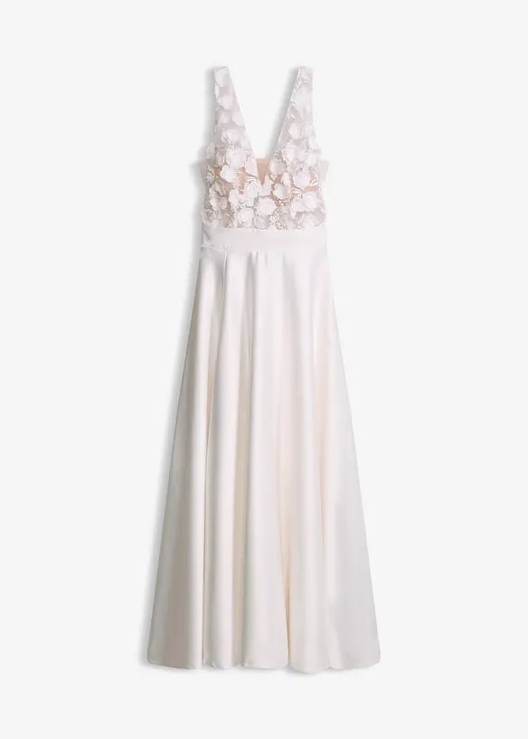 Robe de mari&eacute;e en satin brillant avec application de fleurs, bonprix