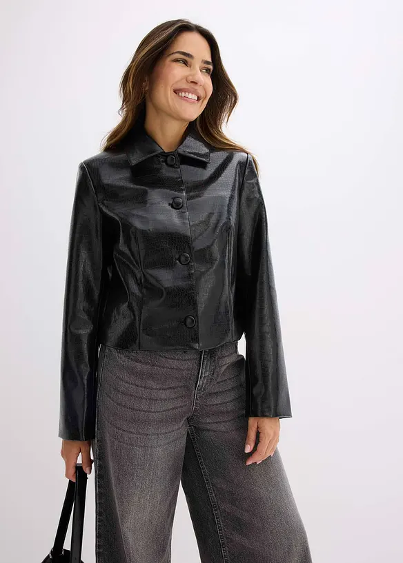 Verk&uuml;rzte Lederimitat-Jacke mit glossy Krokopr&auml;gung, bonprix