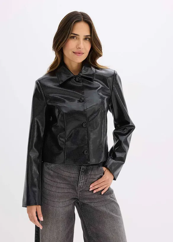 Verk&uuml;rzte Lederimitat-Jacke mit glossy Krokopr&auml;gung, bonprix