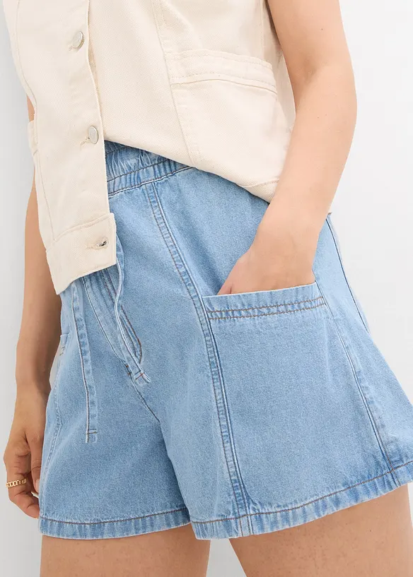 Short en jean avec taille haute &eacute;lastiqu&eacute;e, bonprix