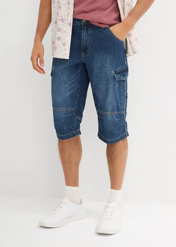 Bermuda long poches cargo en denim l&eacute;ger, coupe loose, bonprix