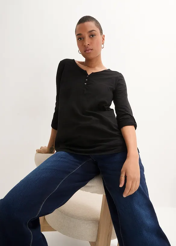 T-shirt manches longues &agrave; col boutonn&eacute;, 100% coton, bonprix