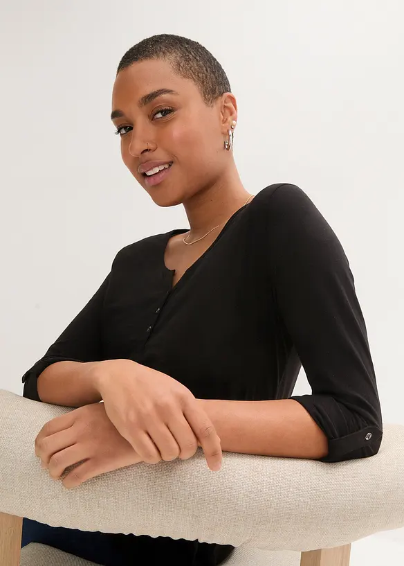 T-shirt manches longues &agrave; col boutonn&eacute;, 100% coton, bonprix