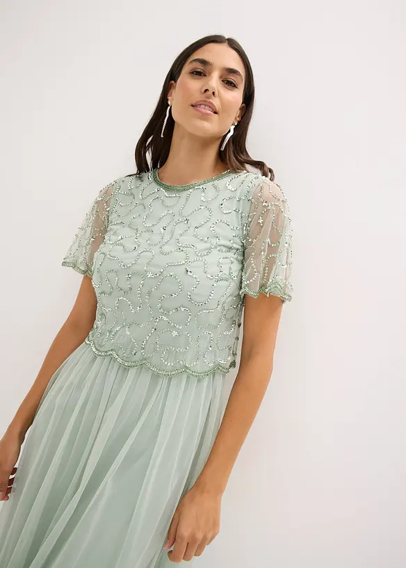 Robe longue en tulle fin avec sequins brod&eacute;s, bonprix