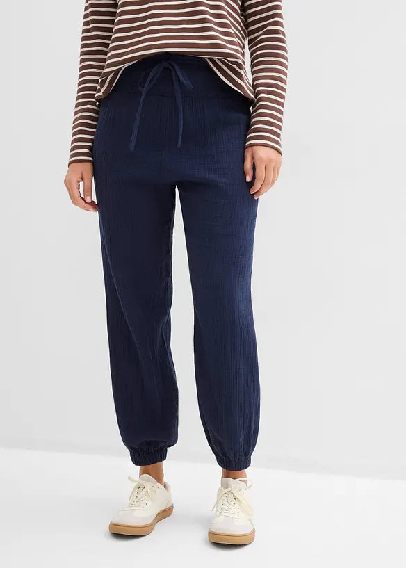 Pantalon en gaze de coton avec ceinture smock&eacute;e, bonprix