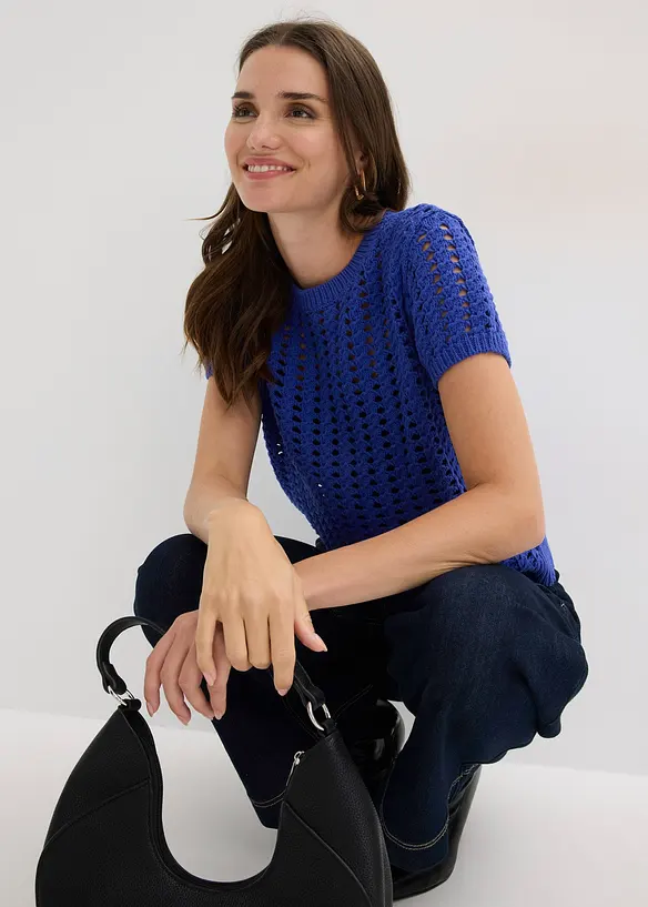 Kurzarm-Ajour-Pullover aus reiner Baumwolle, bonprix