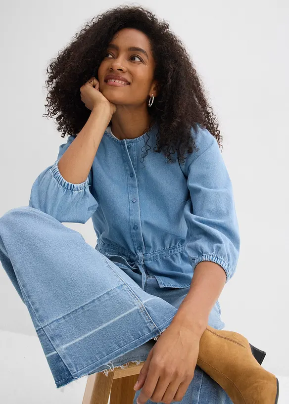 Chemisier en jean &agrave; manches bouffantes, bonprix