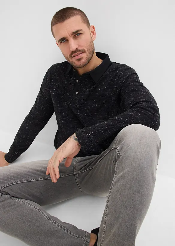 Polo manches longues &agrave; col tiss&eacute;, bonprix