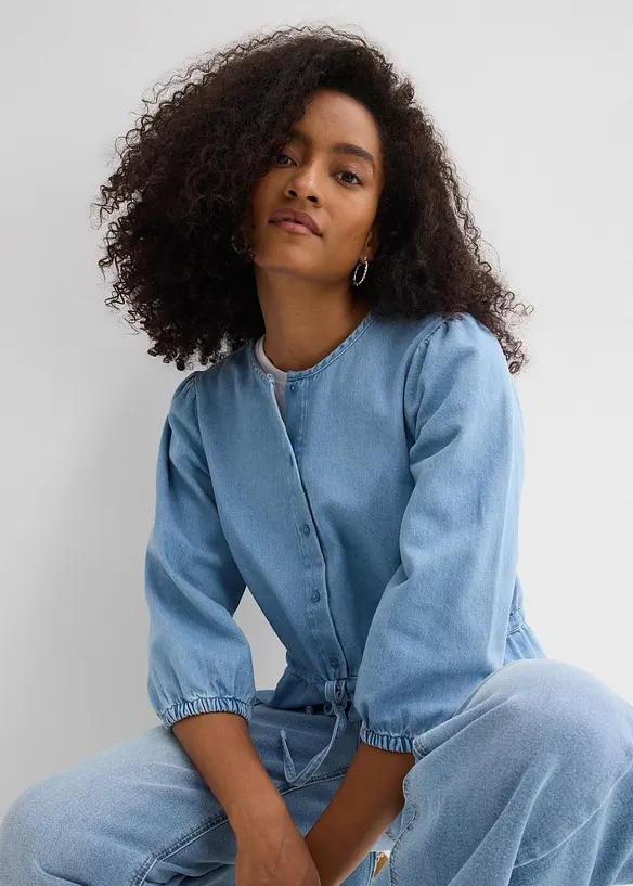 Chemisier en jean &agrave; manches bouffantes, bonprix