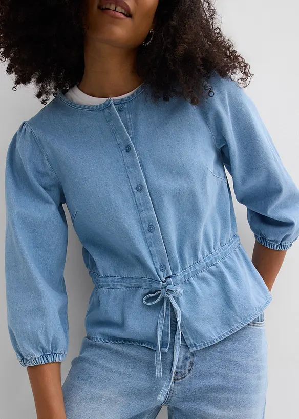 Chemisier en jean &agrave; manches bouffantes, bonprix
