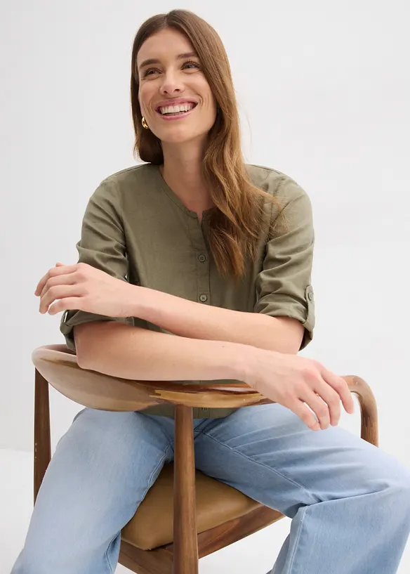 Bluse mit Leinen, 3/4 Arm, bonprix