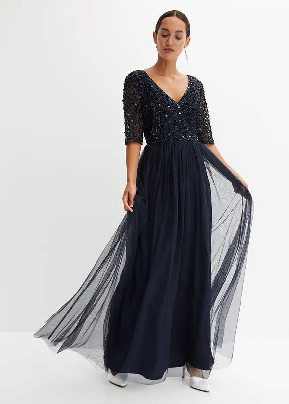 Robe de soir&eacute;e en tulle avec haut brod&eacute; de sequins, bonprix