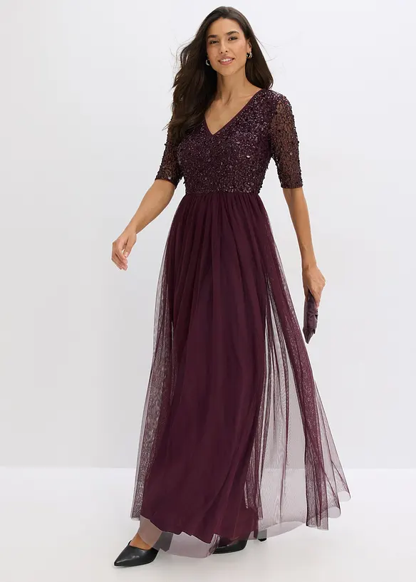 Robe de soir&eacute;e en tulle avec haut brod&eacute; de sequins, bonprix