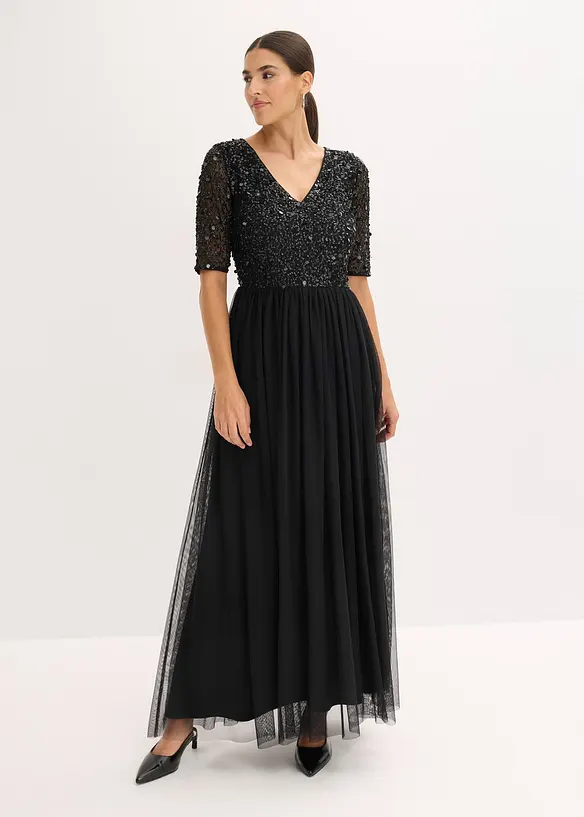 Robe de soir&eacute;e en tulle avec haut brod&eacute; de sequins, bonprix