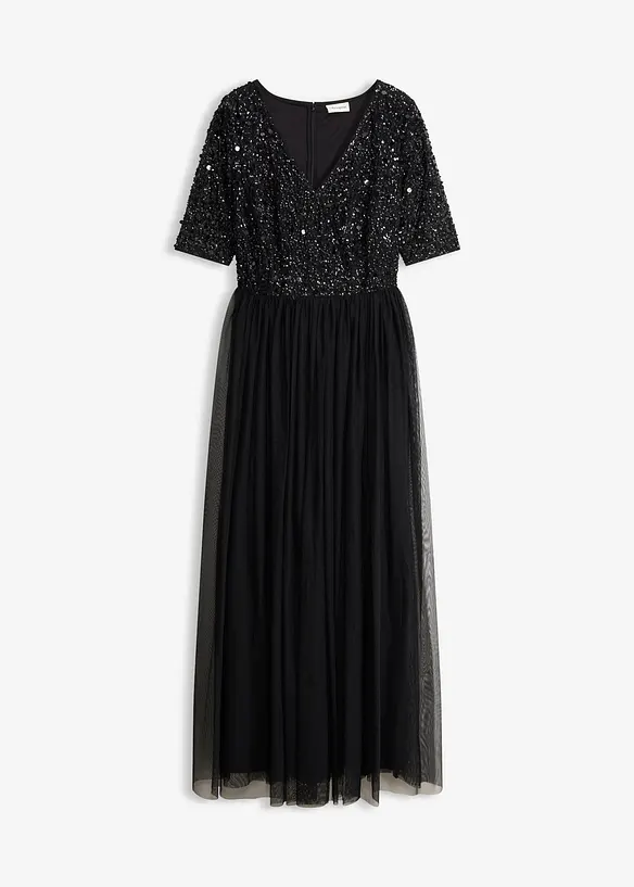 Robe de soir&eacute;e en tulle avec haut brod&eacute; de sequins, bonprix