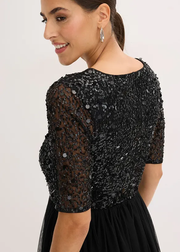 Robe de soir&eacute;e en tulle avec haut brod&eacute; de sequins, bonprix