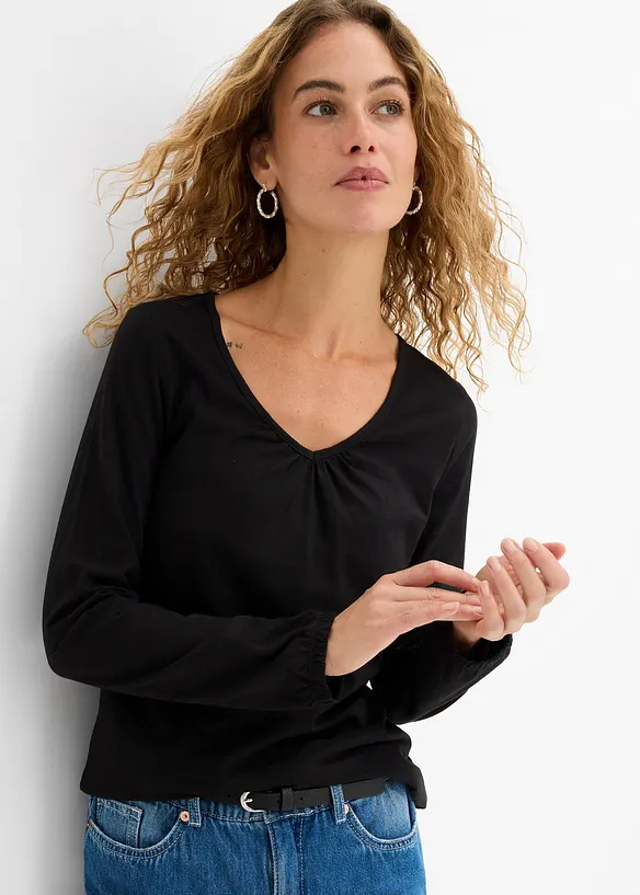 Langarmshirt mit Gummizug aus reiner Baumwolle, bonprix