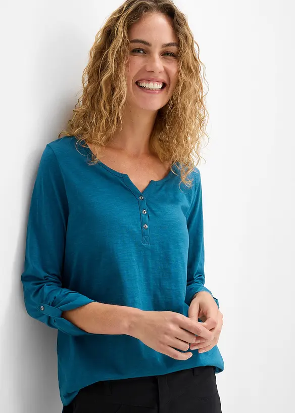 T-shirt manches longues &agrave; col boutonn&eacute;, 100% coton, bonprix