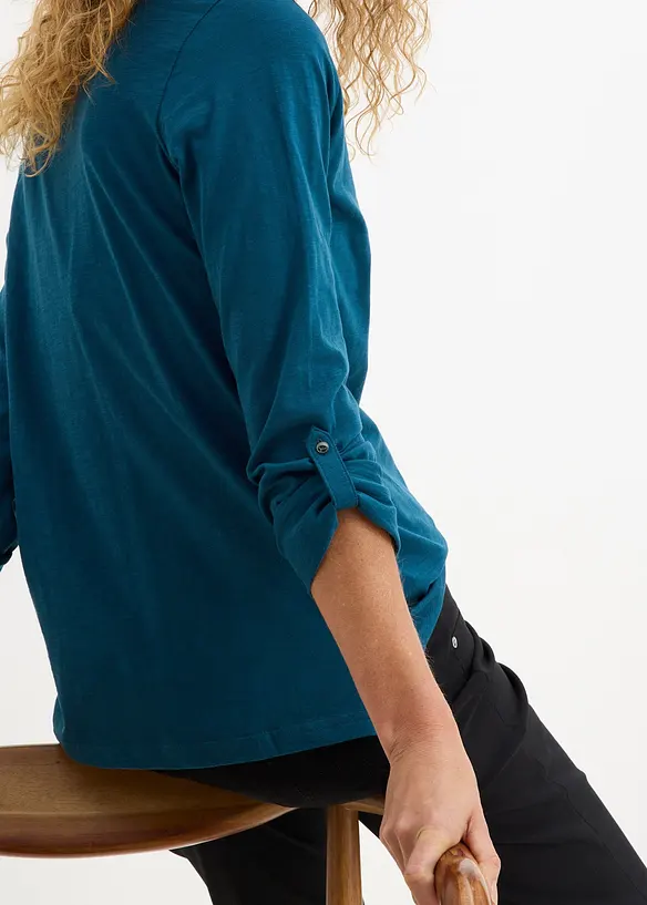 T-shirt manches longues &agrave; col boutonn&eacute;, 100% coton, bonprix