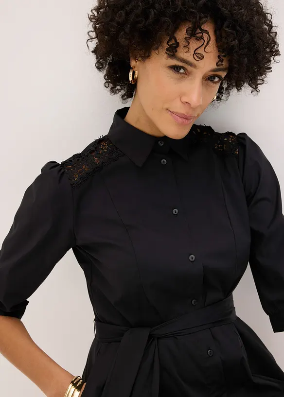 Robe-chemise avec dentelle et lien &agrave; nouer, bonprix