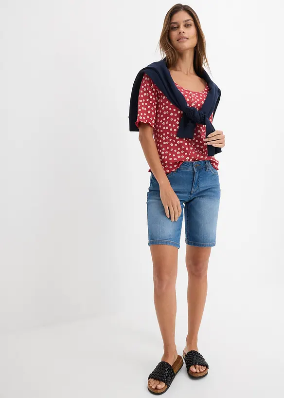 Stretch-Jeans-Bermuda mit farbigem Umschlag, bonprix