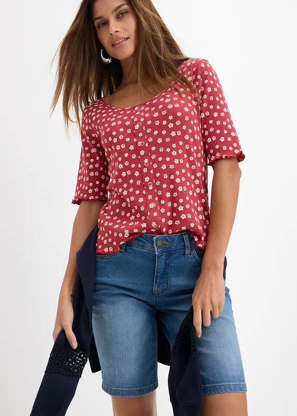 Stretch-Jeans-Bermuda mit farbigem Umschlag, bonprix