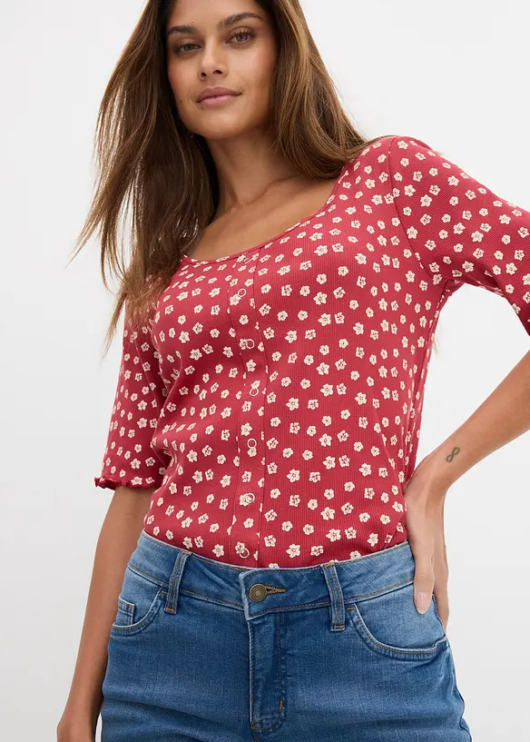 Stretch-Jeans-Bermuda mit farbigem Umschlag, bonprix