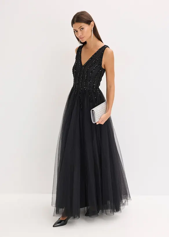 Robe longue en tulle fin avec sequins brod&eacute;s, bonprix