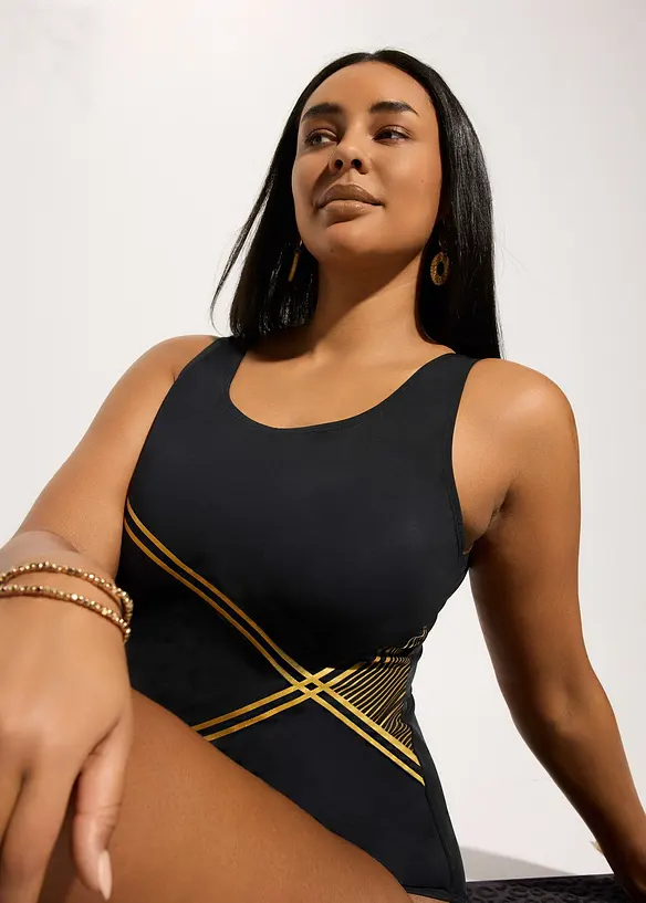 Maillot 1 pi&egrave;ce sculptant &agrave; d&eacute;tails dor&eacute;s, maintien l&eacute;ger, bonprix
