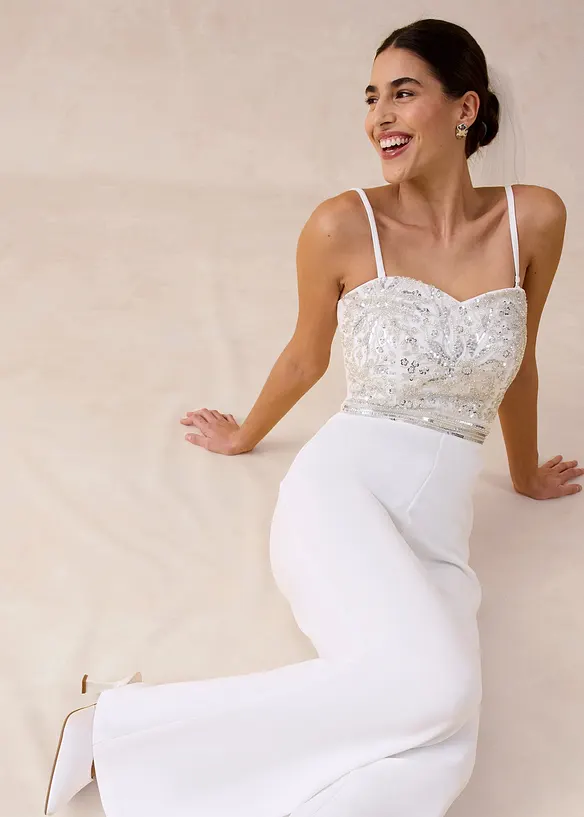 Combinaison en cr&ecirc;pe textur&eacute; avec perles brod&eacute;es, bonprix