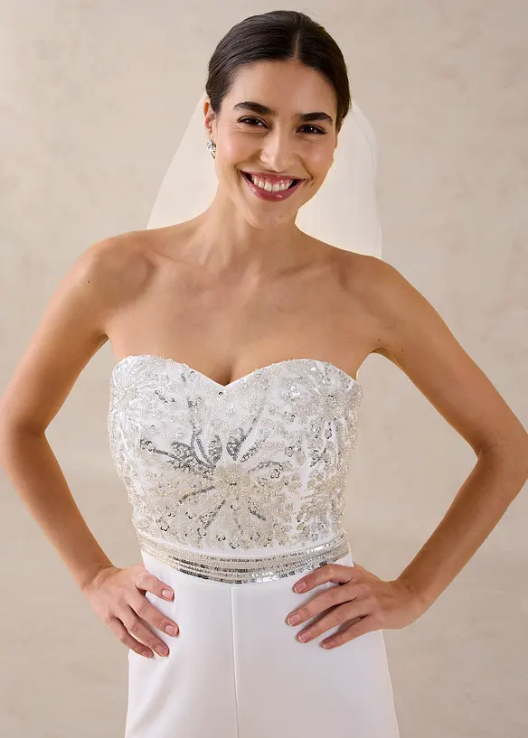 Combinaison en cr&ecirc;pe textur&eacute; avec perles brod&eacute;es, bonprix