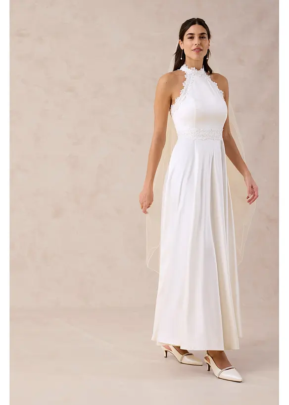 Robe de mari&eacute;e en satin brillant et dentelle, bonprix