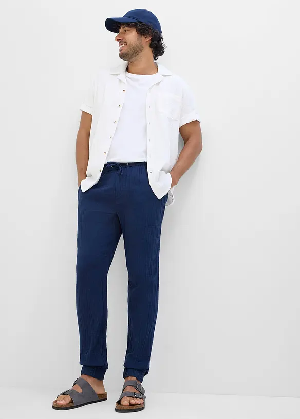 Pantalon jogger regular en gaze de coton, fusel&eacute;, bonprix