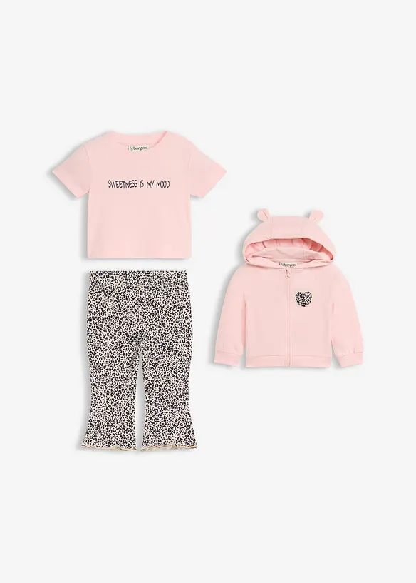 Sweat zipp&eacute;, T-shirt et legging en coton (ens. 3 pces), bonprix