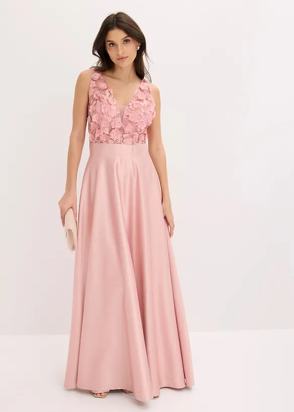 Abendkleid aus gl&auml;nzendem Satin mit Blumen-Applikation, bonprix