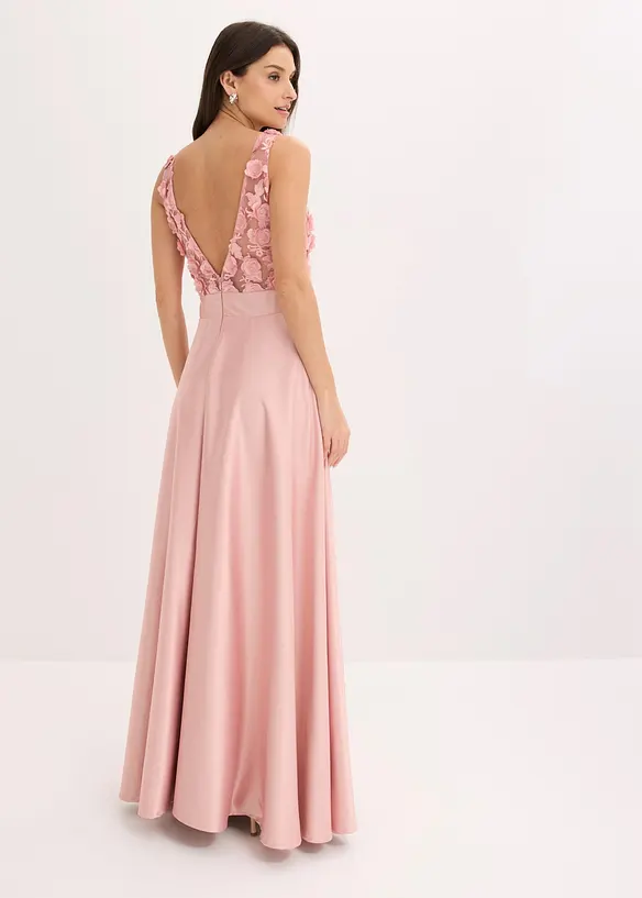 Abendkleid aus gl&auml;nzendem Satin mit Blumen-Applikation, bonprix