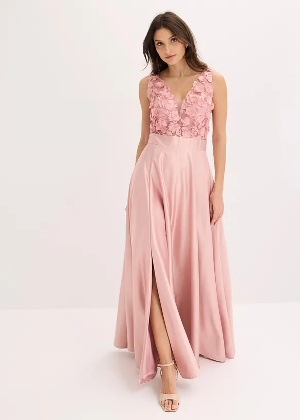 Abendkleid aus gl&auml;nzendem Satin mit Blumen-Applikation, bonprix