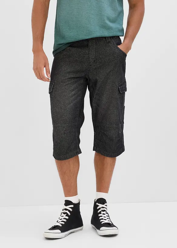 Bermuda long poches cargo en denim l&eacute;ger, coupe loose, bonprix
